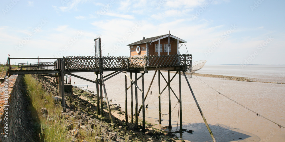 wooden fishing hut on Pilelets pilot france near Bordeaux Medoc in web banner template header