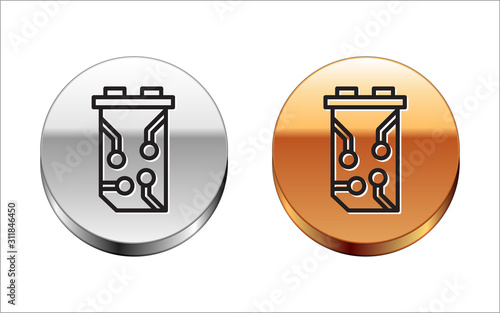 Black line Video graphic card icon isolated on white background. Silver-gold circle button. Vector Illustration