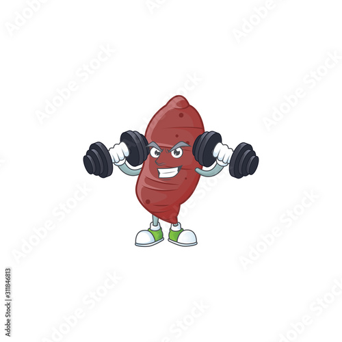 Fitness exercise sweet potatoes mascot icon with barbells