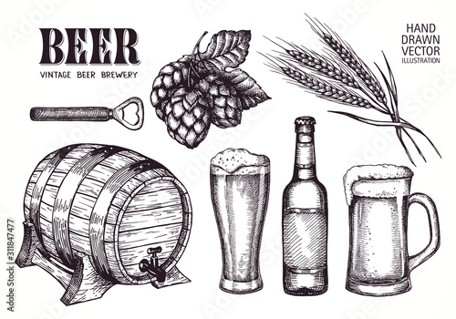 Set of beer objects. Hand drawing set of vector sketches. photo