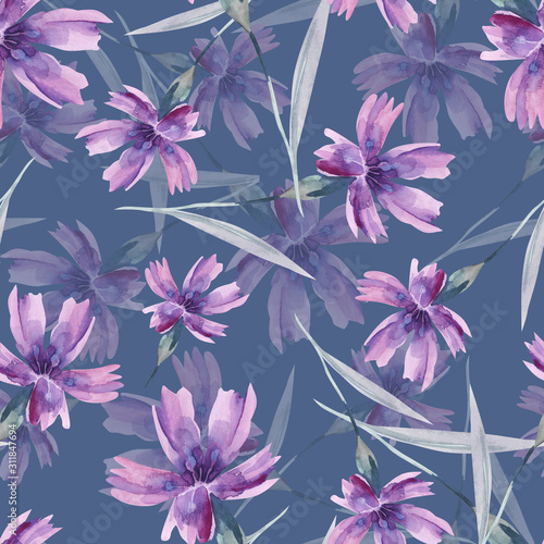 Carnation FLowers Seamless Pattern.  Watercolor Background.
