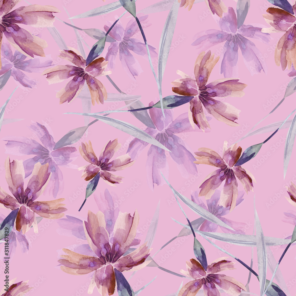 Carnation FLowers Seamless Pattern.  Watercolor Background.