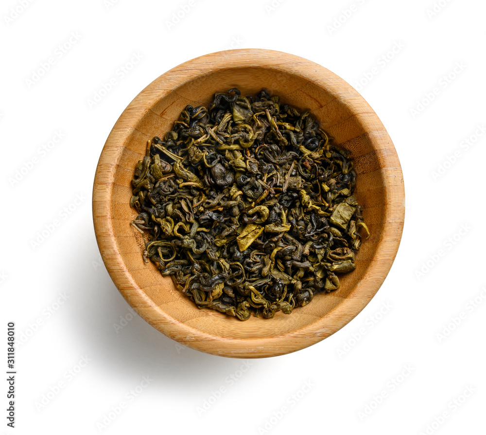 Green tea top view on white background Green tea top view on white background