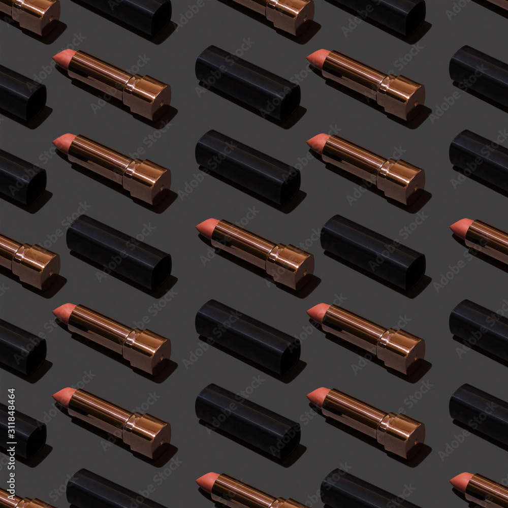 Seamless lipstick pattern top view studio light. Seamless lipstick pattern top view studio light.