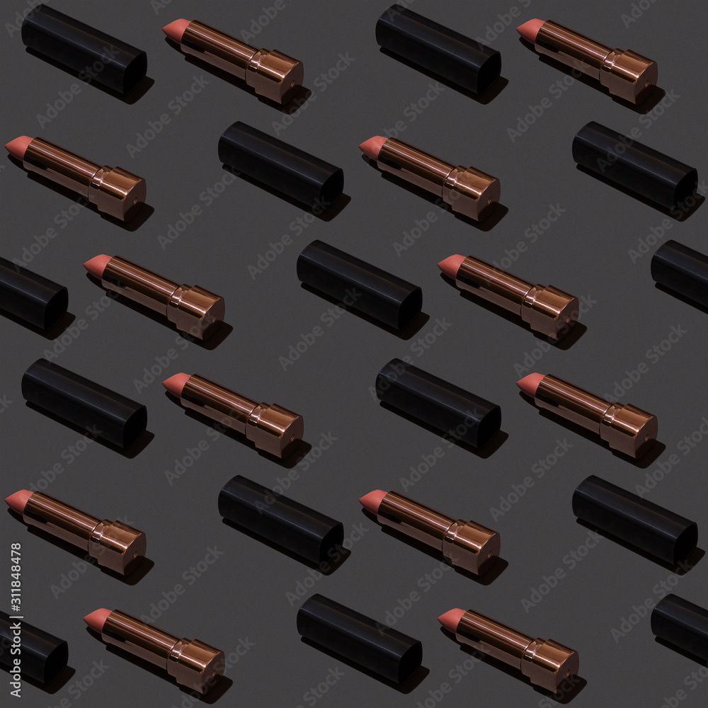 Seamless lipstick pattern top view studio light. Seamless lipstick pattern top view studio light.
