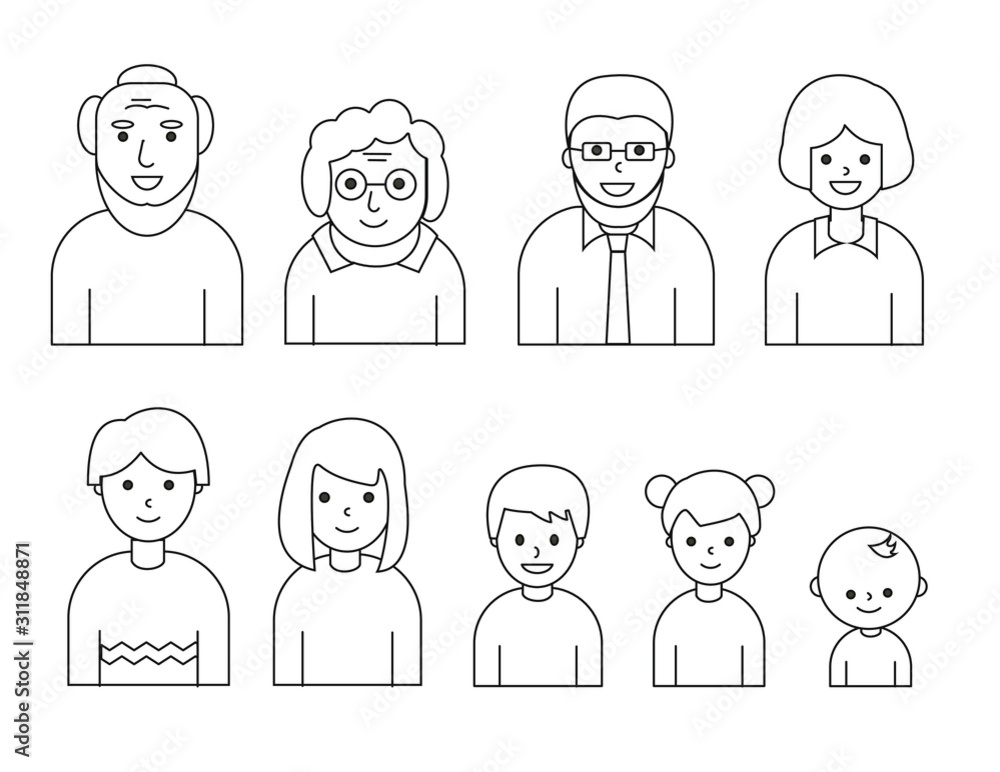 Linear style family: grandfather, grandmother, father, mother, children. People of different generations and ages. Icons set. Vector illustration Linear style family: grandfather, grandmother, father, mother, children. People of different generations and ages. Icons set. Vector illustration