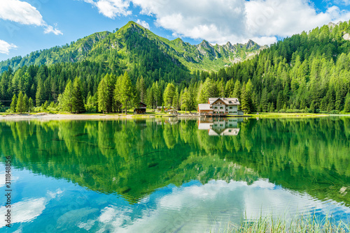 Idyllic landscape at Lake Nambino, near Madonna di Campiglio. Province of Trento, Trentino Alto Adige, northern Italy.