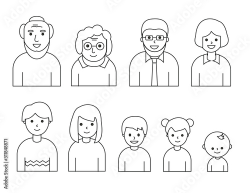  Linear style family: grandfather, grandmother, father, mother, children. People of different generations and ages. Icons set. Vector illustration