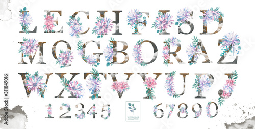 Beauty letters with watercolor pink flowers and elegant alphabet numbers with floral and leaves isolated ABC on background. Wedding, invite and birthday card for calebration