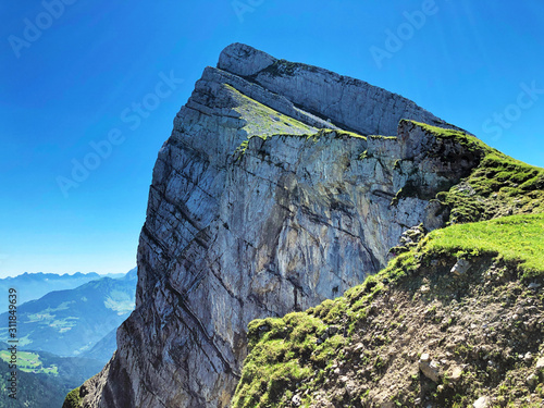 Alpine mountain peak Plattenberg above the Wagital valley or Waegital and Lake Wagitalersee (Waegitalersee), Innerthal - Canton of Schwyz, Switzerland photo