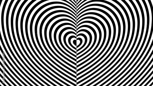 Striped pattern in the shape of an endless heart on two sides. Fashionable ornament with the effect of optical illusion. Repeating black and white lines. Flat minimalism.