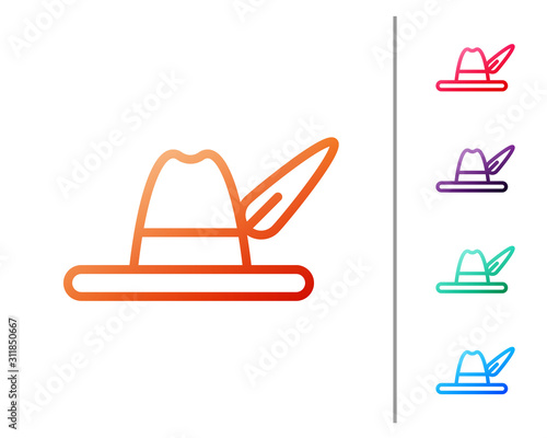 Red line Oktoberfest hat icon isolated on white background. Hunter hat with feather. German hat. Set color icons. Vector Illustration