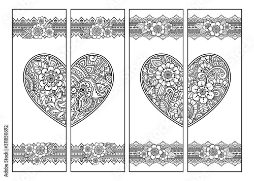 Printable bookmark for book - coloring. Set of black and white labels with heart and flower patterns in mehndi style. Sketch of ornaments for creativity of children and adults with colored pencils.