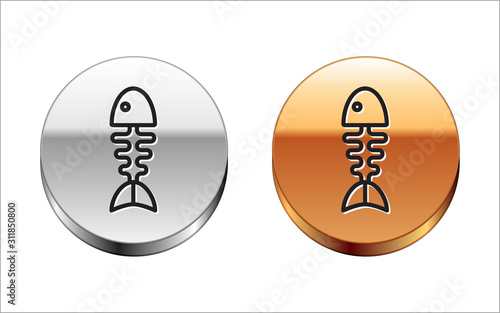 Black line Fish skeleton icon isolated on white background. Fish bone sign. Silver-gold circle button. Vector Illustration
