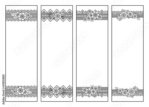 Bookmark for book - coloring. Set of black and white labels with floral doodle patterns, hand draw in mehndi style. Sketch of ornaments for creativity of children and adults with colored pencils.