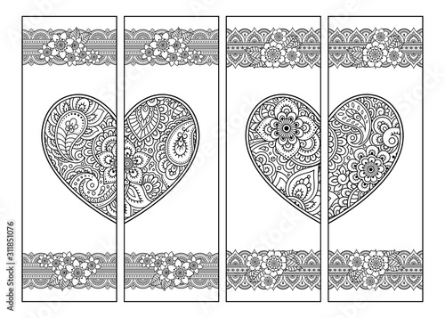 Printable bookmark for book - coloring. Set of black and white labels with heart and flower patterns in mehndi style. Sketch of ornaments for creativity of children and adults with colored pencils.