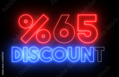Neon shiny glowing "%65 DISCOUNT" text. Animation for promotions, sales and discounts.