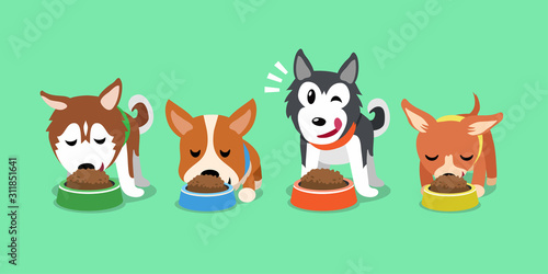 Vector cartoon cute dogs with food bowls for design.