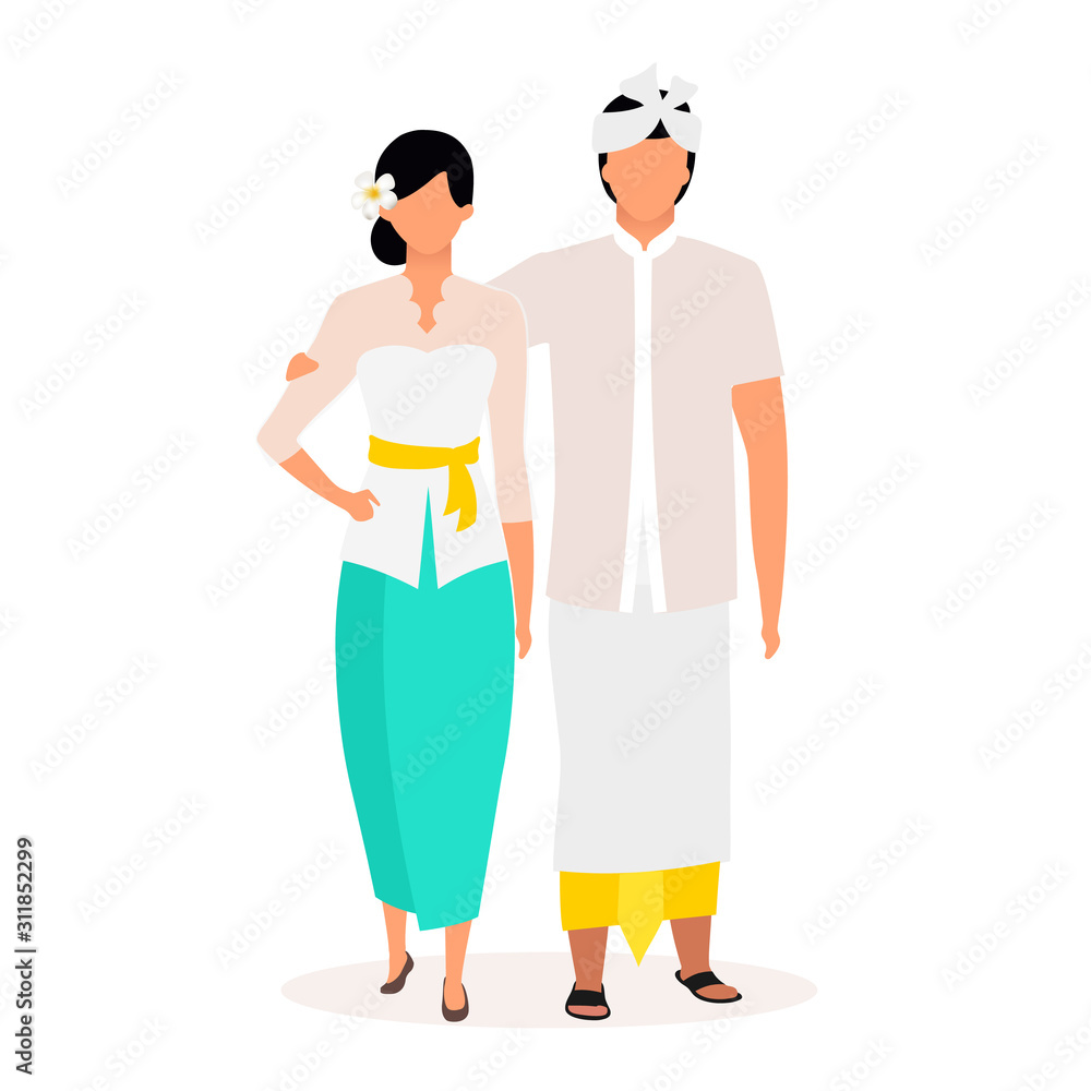 Obraz premium Indonesians flat vector illustration. Standing adult couple. Greetings. Indigenous people. Asian culture. People dressed in balinese clothing isolated cartoon character on white background