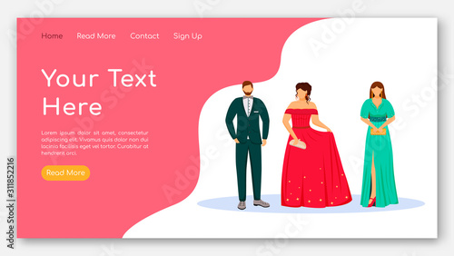 Event organization landing page vector template. Hotel party website interface idea with flat illustrations. People in evening dress code. Vip guests web banner, webpage cartoon concept
