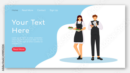 Restaurant staff landing page vector template. Catering website interface idea with flat illustrations. Service personnel. Hotel waiters in uniform web banner, webpage cartoon concept
