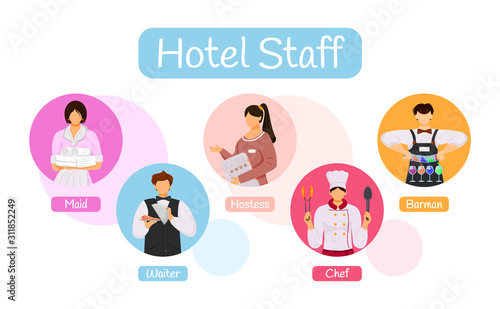 Hotel staff vector infographic template. Service personnel poster, booklet page concept design with flat illustrations. Maid, waiter, hostess. Chef, barman. Advertising flyer, info banner idea