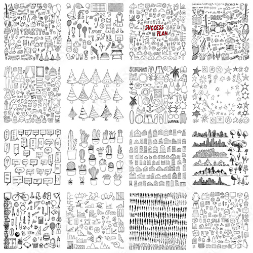 Big set collection of doodle Party, Sport, Business, Music, Wedding, Christmas Tree, Summer, Star, Speech, Cactus, Home, Cityscape, School, Data, People, Sale eps10
