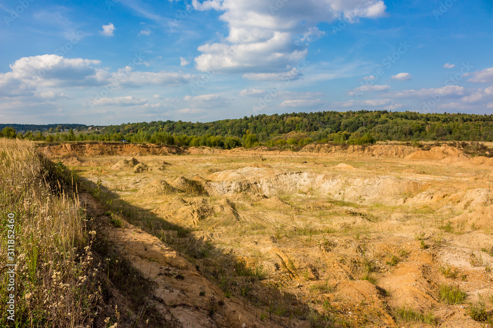 View of a large sand and gravel quarry, sand mining. Maloyaroslavets, Russia