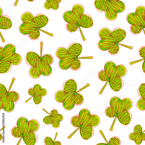 Seamless pattern from green leaves in doodle style. Four-leaf clover.