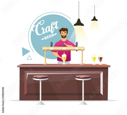 Craft beer pub production flat color vector illustration. Bartender pouring draught, tap beer. Barmen at counter. Microbrewery. Small brewery. Isolated cartoon character on white
