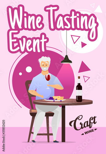 Wine tasting event poster vector template. Winemaking. Winery. Degustation. Brochure, cover, booklet page concept design with flat illustrations. Advertising flyer, leaflet, banner layout idea