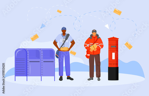 Post office male workers flat color vector illustration. Royal mail employee. Traditional British and American post service. Delivery boy with package isolated cartoon character on white background
