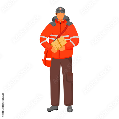 Post office male worker flat color vector illustration. Royal mail employee. Traditional British post service. Delivery boy with package isolated cartoon character on white background