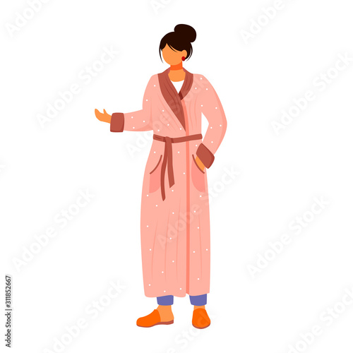Woman in pastel bathrobe flat color vector illustration. Pink sleepwear. Girl wearing housecoat and slipers. Home dressed female in robe isolated cartoon character on white background
