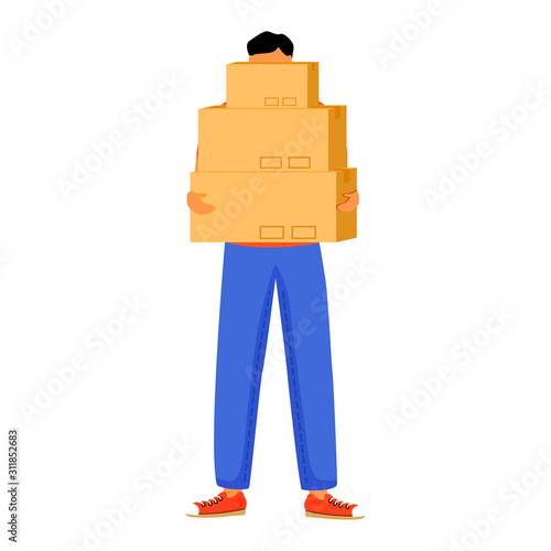 Man receives three parcels flat color vector illustration. Getting boxes at post office. Picking up order. Delivery services. Boy standing with packages isolated cartoon character on white background