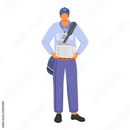Post office male worker in american uniform flat color vector illustration. Man distributes news. Post service. Daily newspaper carrier. Paperboy isolated cartoon character on white background