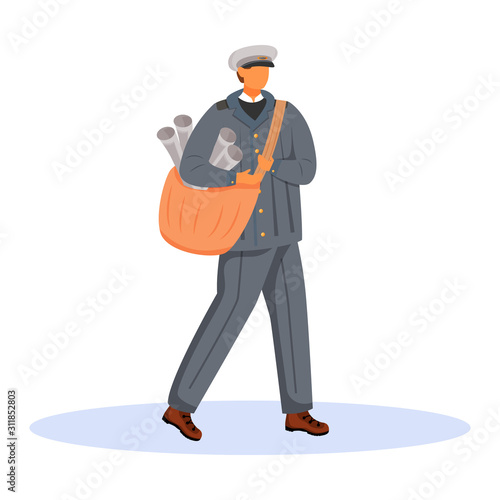 Post office male worker flat color vector illustration. Old fashioned dressed employee. Traditional post service unifrom. Paperboy with newspapers isolated cartoon character on white background © The img