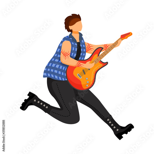 Guitarist flat color vector illustration. Jumping guitar player. Musician. Music band member. Rock and roll. Man with musical instrument. Concert, gig. Instrumentalist. Isolated cartoon character