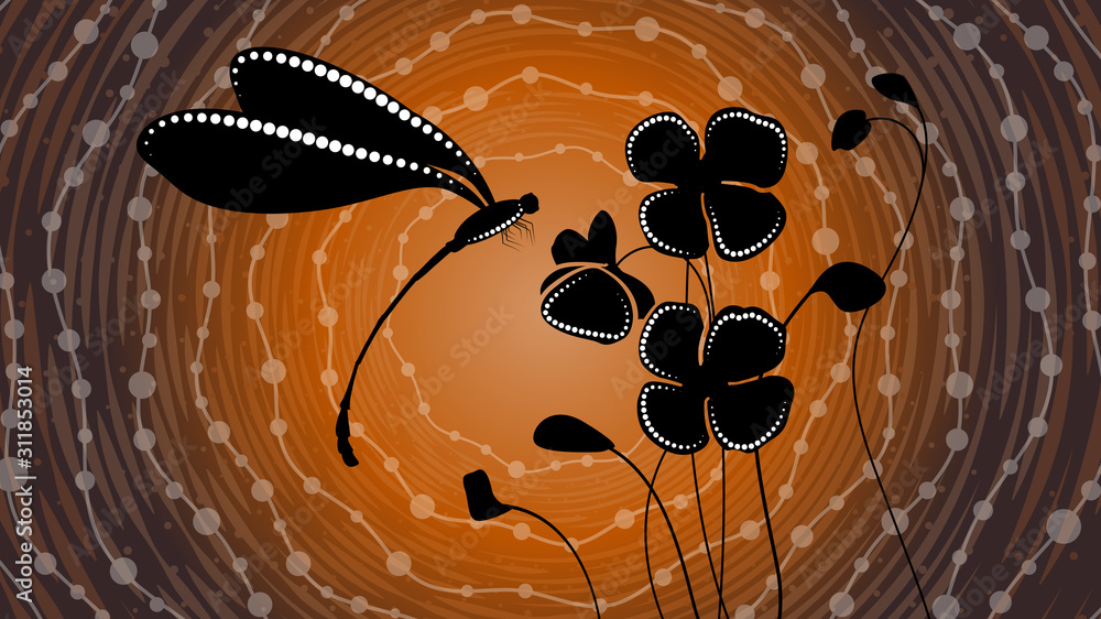 Aboriginal art vector painting with dragonfly and poppy flowers Stock ...