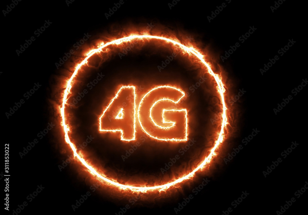 Neon, burning, fire style symbol of speedy internet 4G. Wireless,  connection and data concept. Stock Illustration