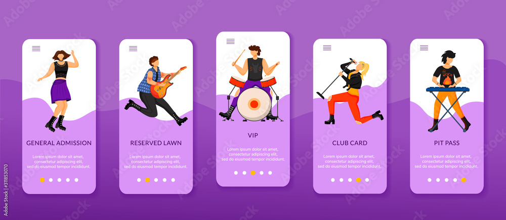 Concert ticket types onboarding mobile app screen vector template. General  admission, club card, vip. Walkthrough website steps with flat characters.  UX, UI, GUI smartphone cartoon interface concept Stock Vector | Adobe Stock