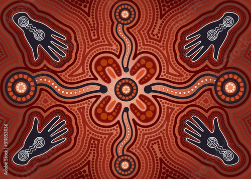 Aboriginal art vector painting. Meeting and unity concept