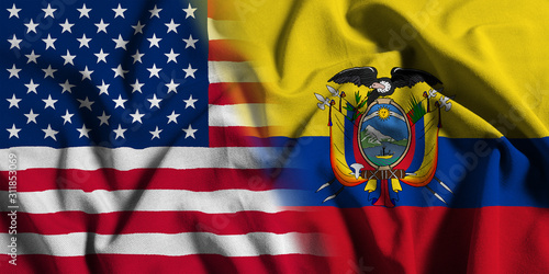 National flag of the United States with Ecuador on a waving cotton texture background