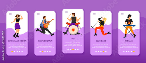 Concert ticket types onboarding mobile app screen vector template. General admission, club card, vip. Walkthrough website steps with flat characters. UX, UI, GUI smartphone cartoon interface concept