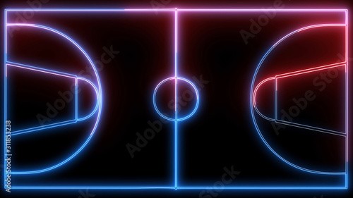 Neon, shiny glowing outline of Basketball court. Sport concept, area of basketball game, parquet with neon lights. 