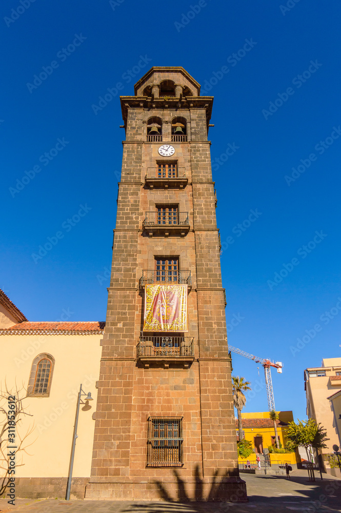 Matrix Parish of Our Lady of the Conception Dated in the 15th century It is composed of a Tuscan Style bell tower. April 13, 2019. La Laguna, Santa Cruz De Tenerife Spain Africa. Travel Tourism 