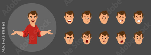 young office worker character with different facial expression set.