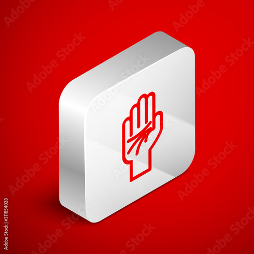 Isometric line Palmistry of the hand icon isolated on red background. Silver square button. Vector Illustration