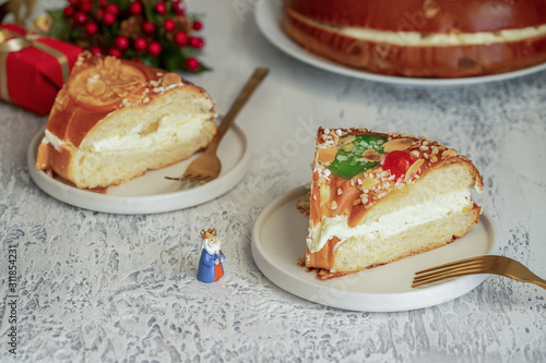 Roscon de reyes , desert eaten in Spain for celebrate Epiphany or Dia de Reyes Magos, Three Wise Men Day. Spanish Christmas tradition photo