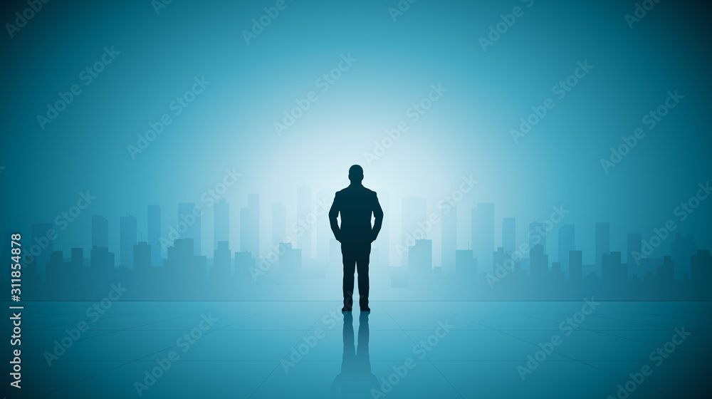 Silhouette business man standing on top of building looking at cityscape view on blue color background Silhouette business man standing on top of building looking at cityscape view on blue color background